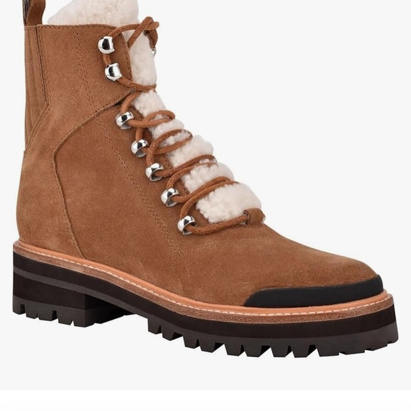 NIB $259 Marc Fisher Izzie suede leather & sheepskin trim lace up boots Lug sole - Picture 5 of 16